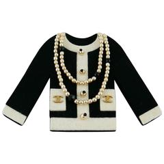Chanel Large Iconic Little Black Jacket Felt Brooch With Faux Pearl Necklace