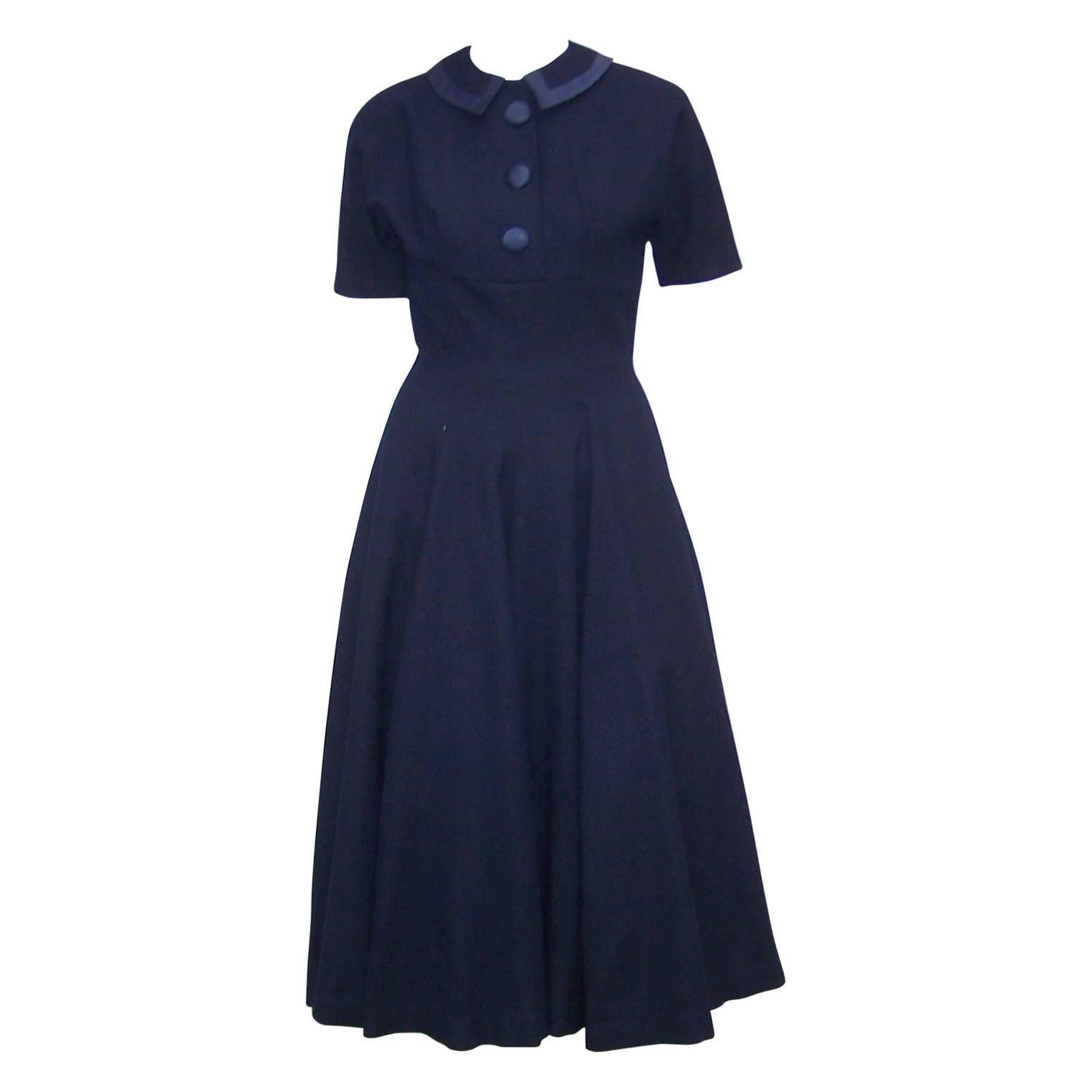 Classic 1950's Junior Circle Navy Blue Swing Skirted Dress