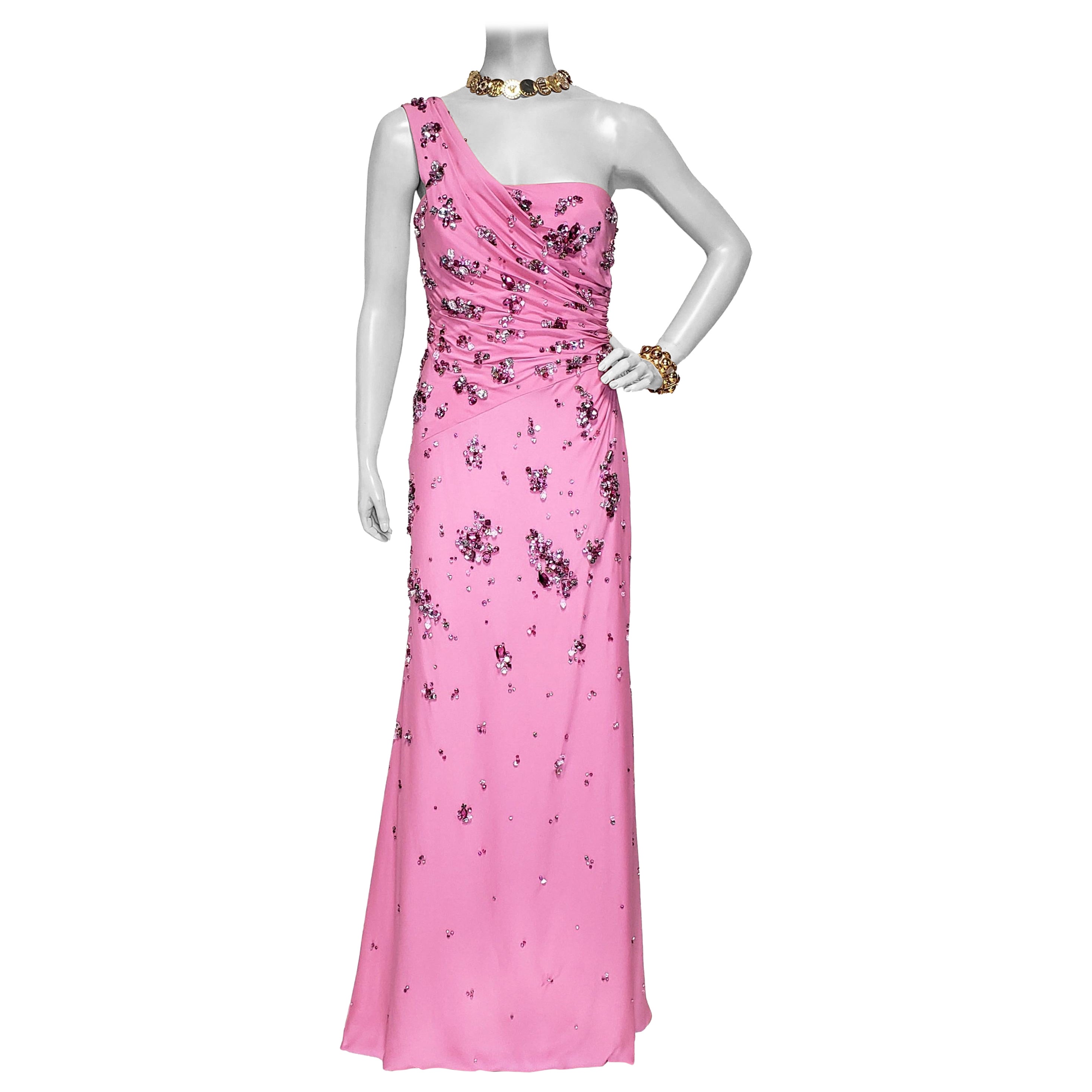 NEW PINK ONE SHOULDER GOWN with CRYSTALS FORMAL DRESS 42 - 6 For Sale