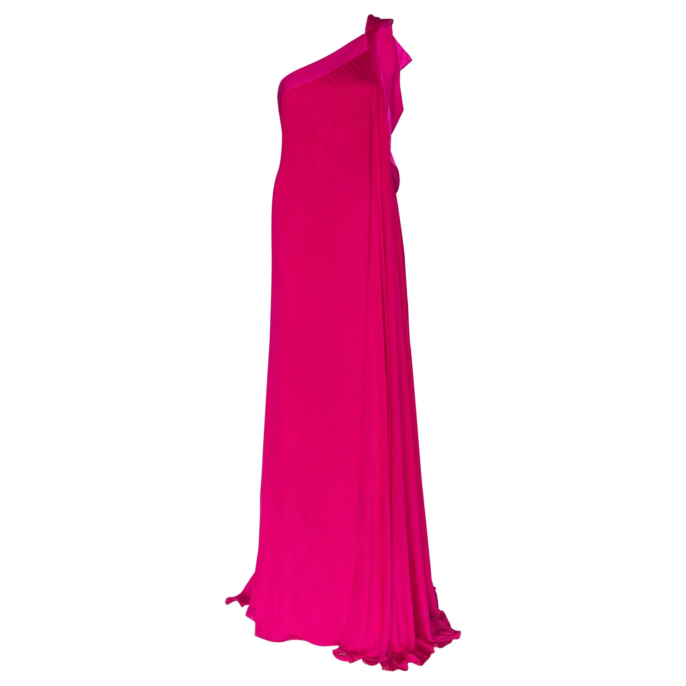 NEW VERSACE FUCHSIA SILK ONE SHOULDER OPEN BACK Gown 44 - 8 For Sale
