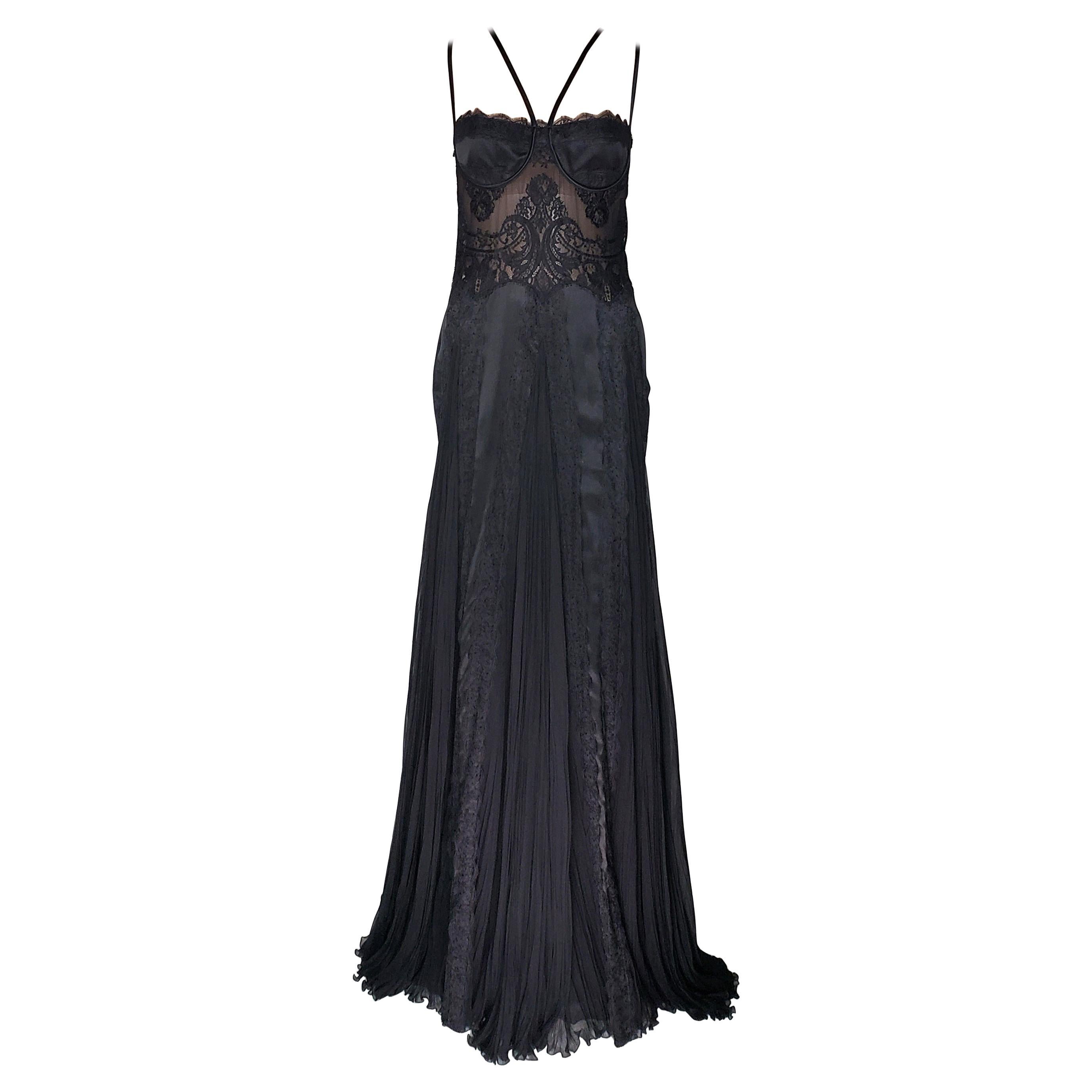 Fall 2003/2004 VINTAGE VERSACE BLACK SILK DRESS GOWN W/SHEER LACE Bodice  For Sale
