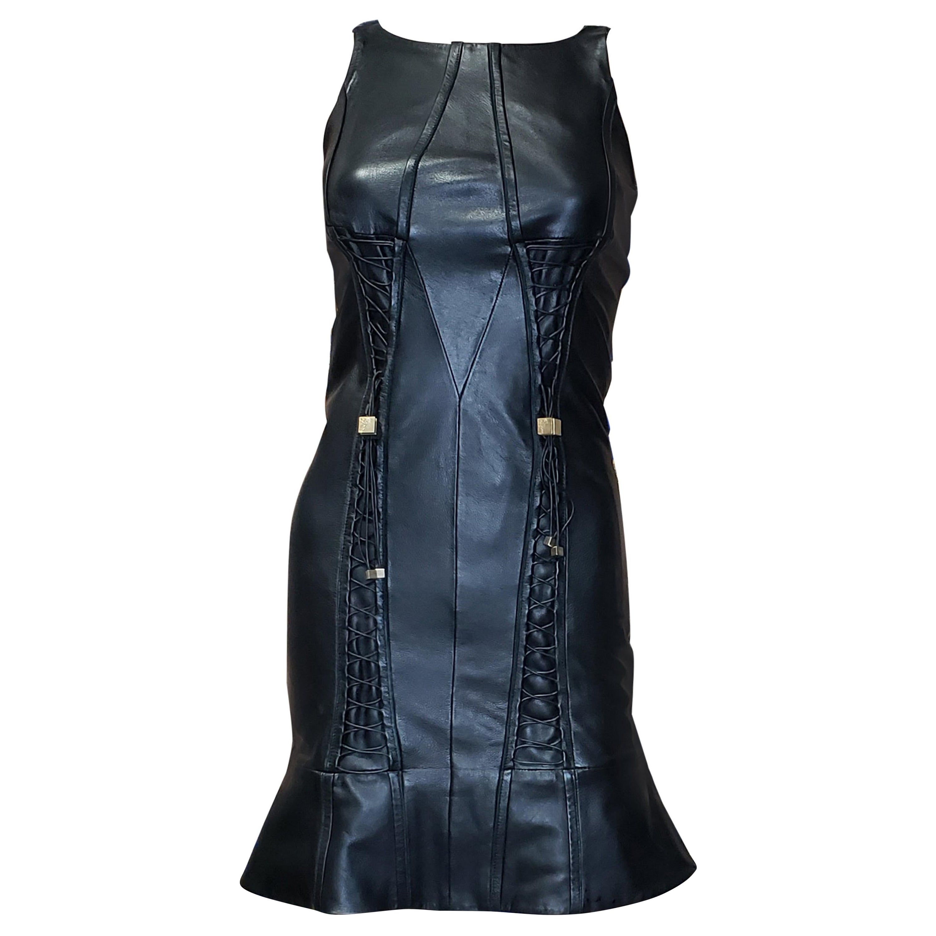 VERSACE BLACK LEATHER DRESS with TASSELS 38 - 4 For Sale