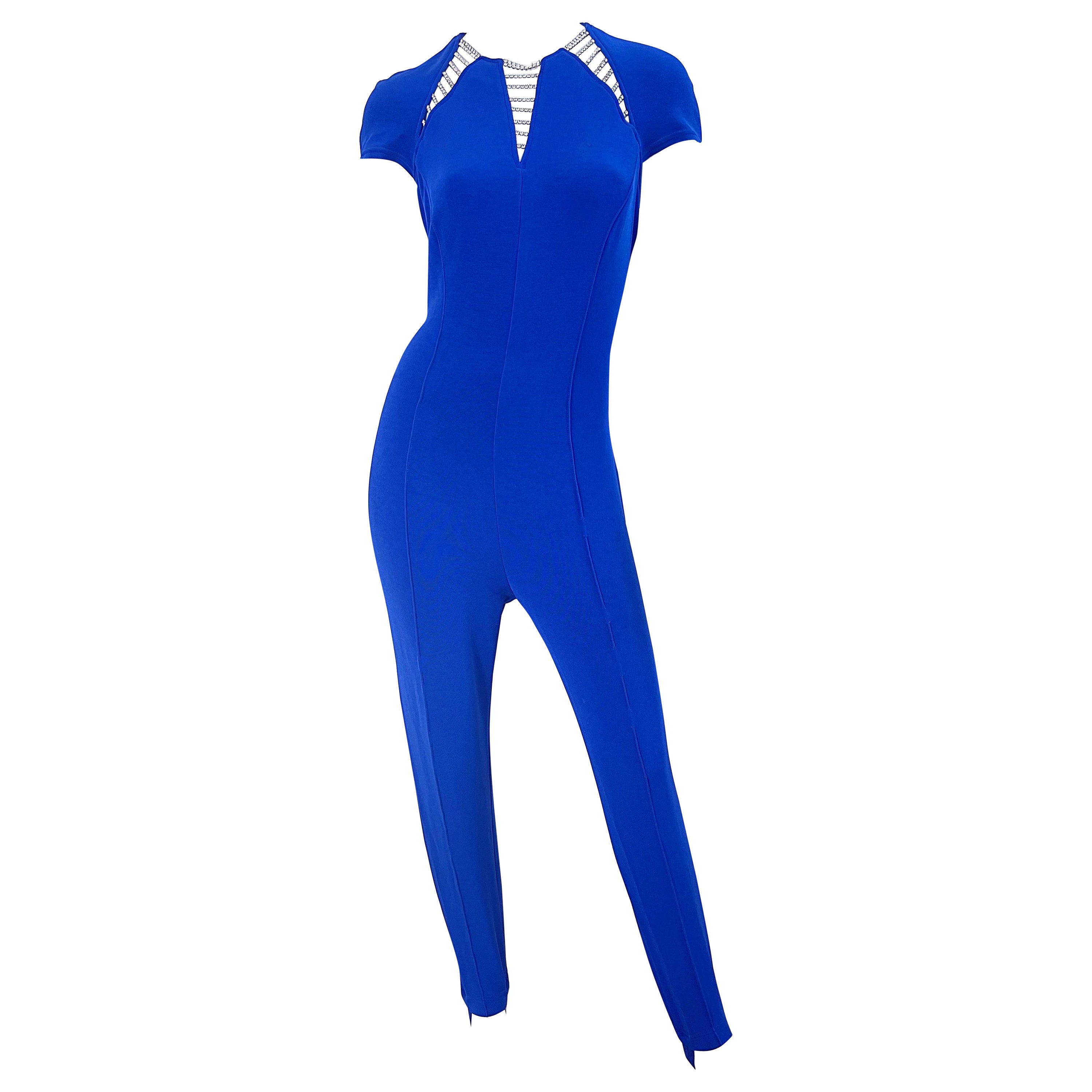 1980s Tadashi Royal Blue Rhinestone Cut Out Stirrup Pant Vintage 80s Jumpsuit For Sale