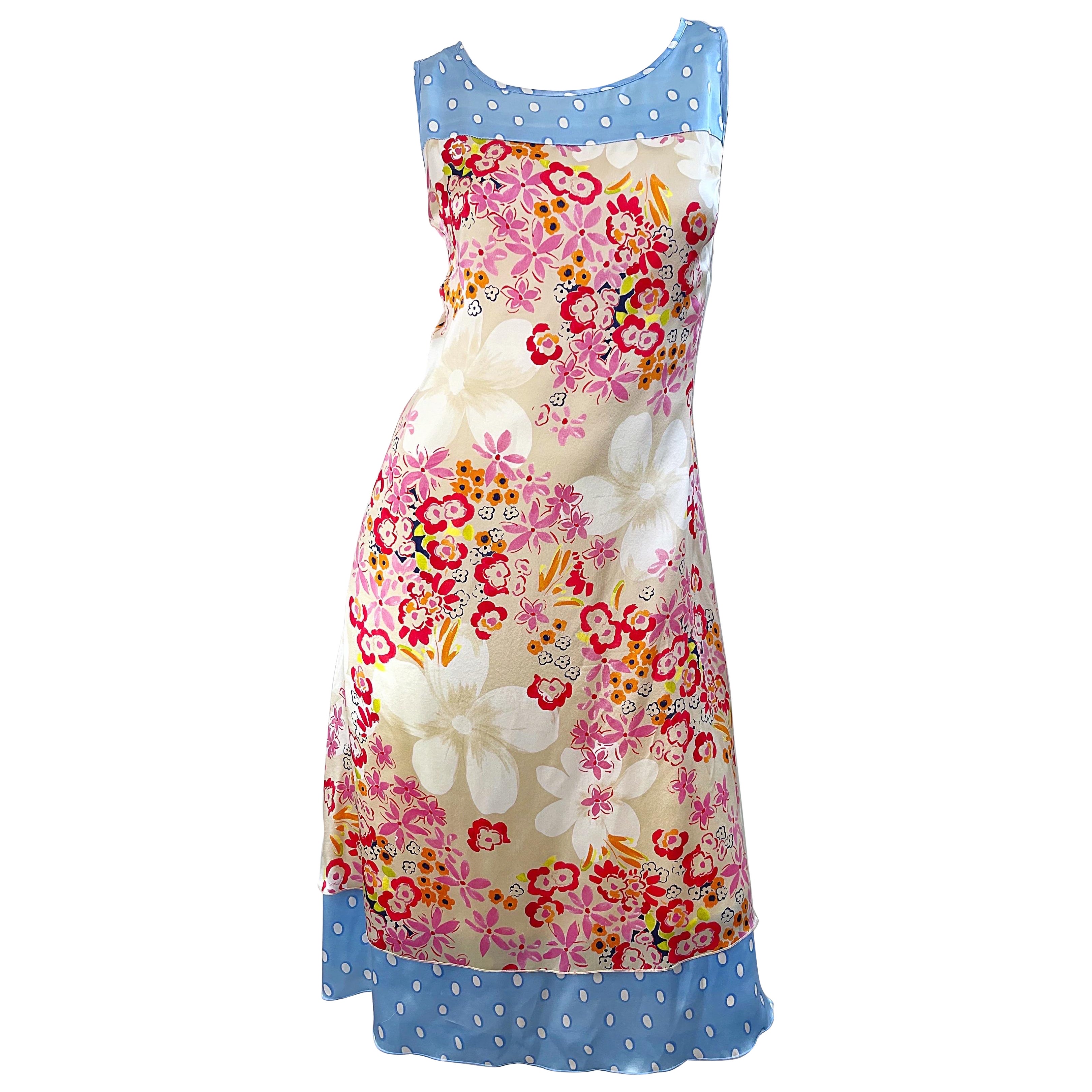 1990 Escada Sport Taille 44 / 12 Flowers Polka Dot Print Vintage 90s Silk Dress en vente