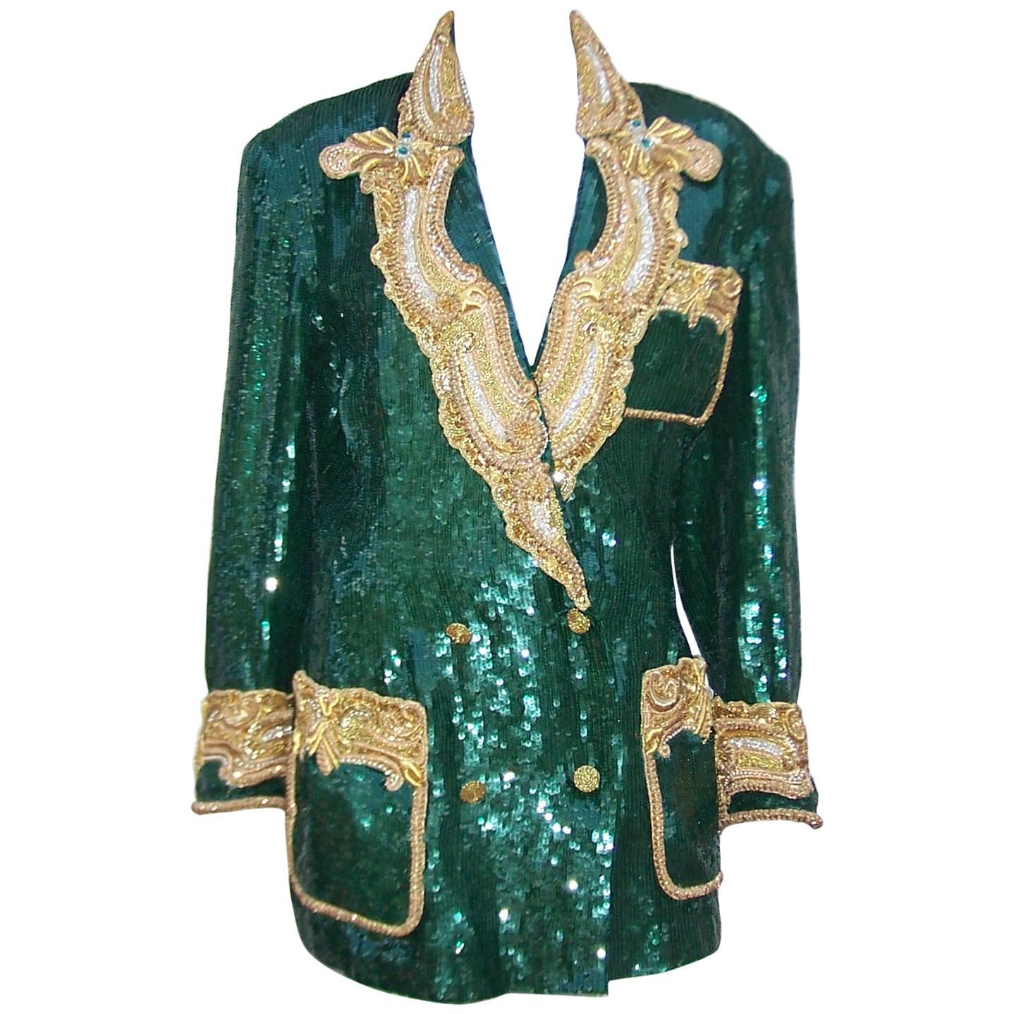 1980's Glam Emerald Sequin Boyfriend Jacket With Amazing Gold Braid