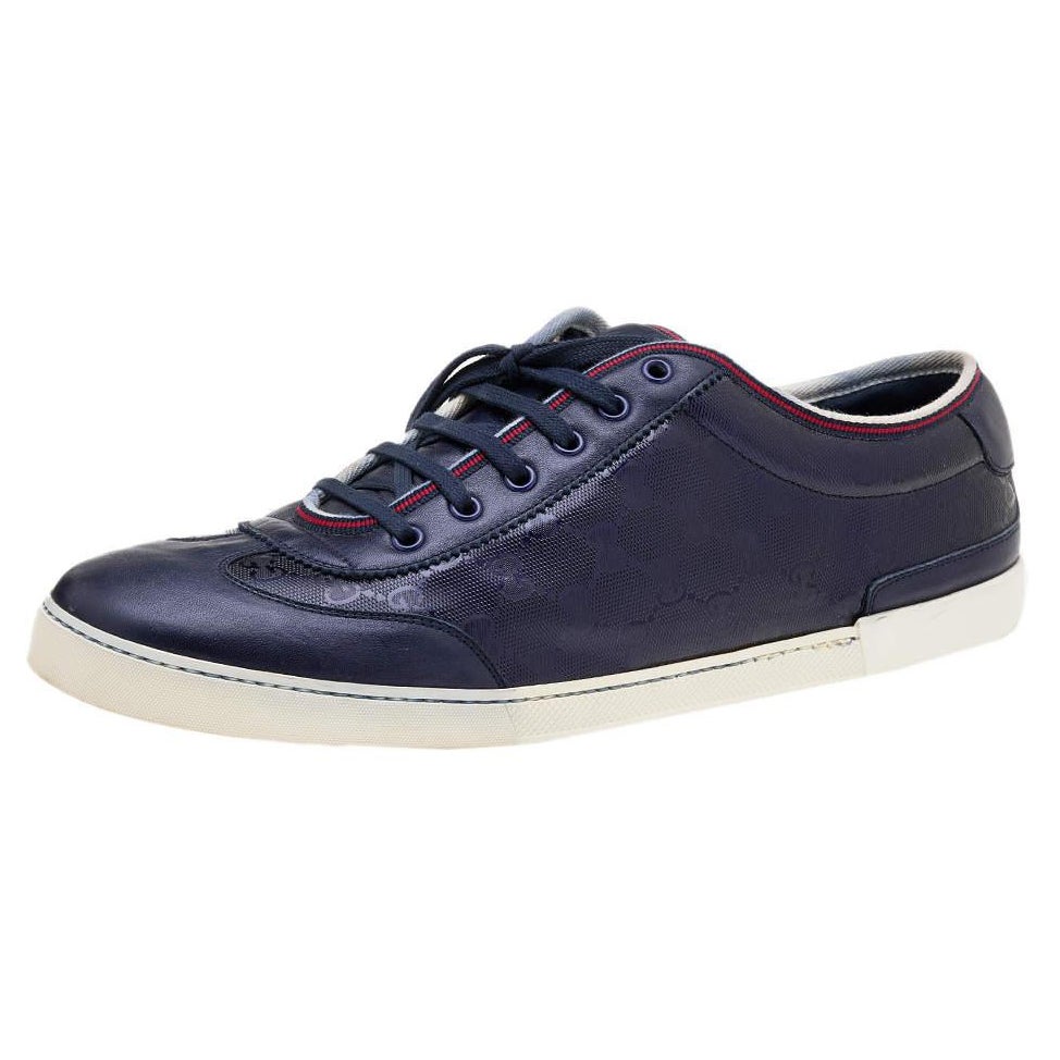 Gucci Navy Blue GG Imprime Canvas And Leather Low Top Sneakers Size 47 For Sale