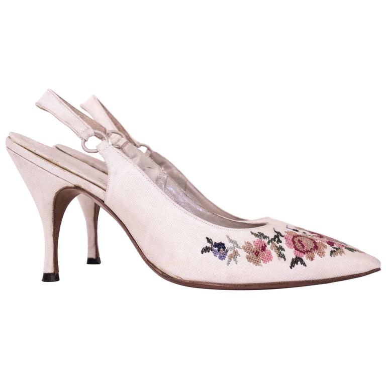 60s Cream Slingback Heels with Floral Needlepoint Embroidery at 1stDibs
