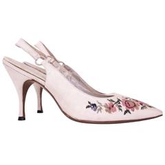 Retro 60s Cream Slingback Heels with Floral Needlepoint Embroidery 