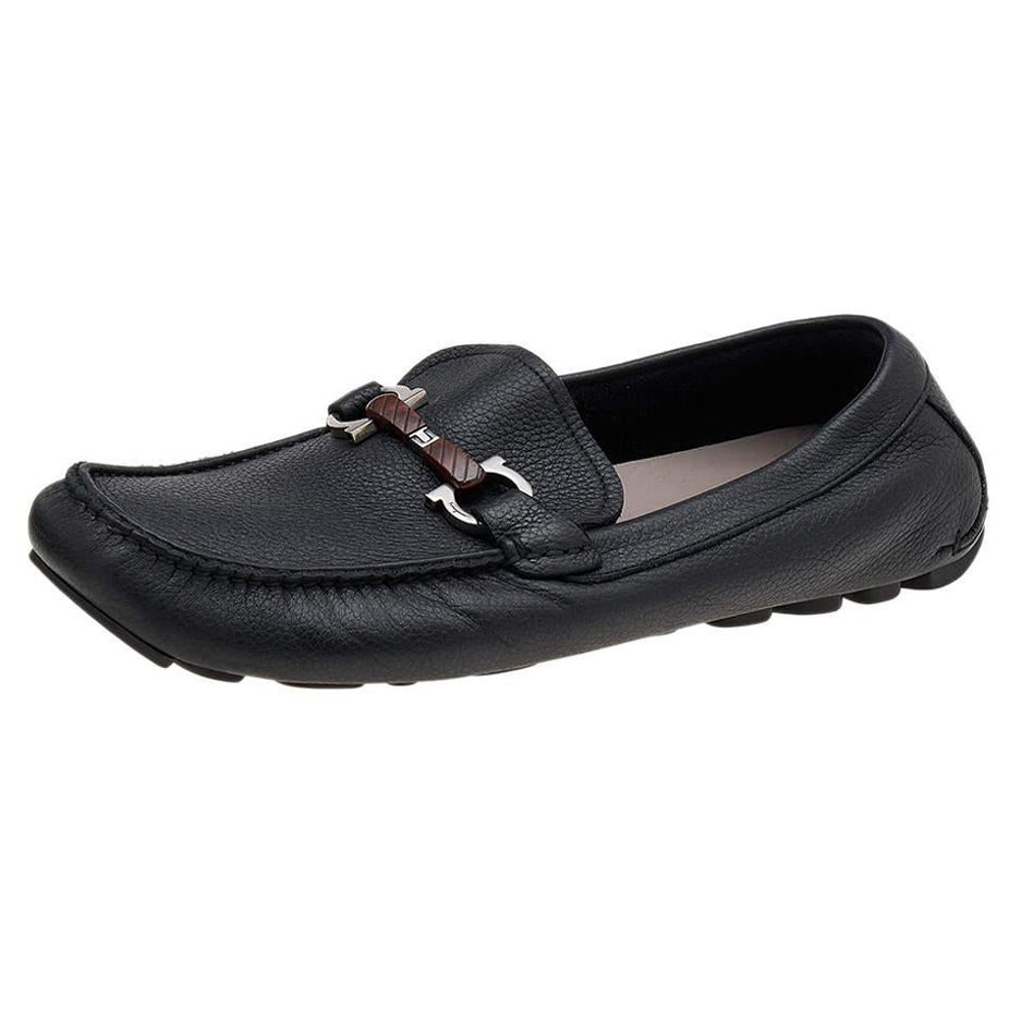 Salvatore Ferragamo Black Leather Gancini Bit Slip On Loafers Size 43 For Sale