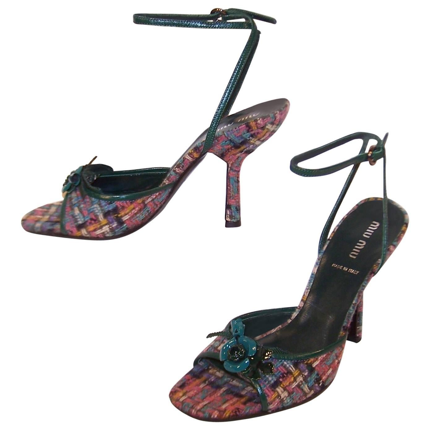 Never Worn Miu Miu Wool Tweed Strappy Sandals With Green Leather Details