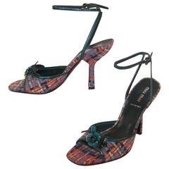Nie getragene Miu Miu Wolle Tweed Riemchensandalen mit grünen Lederdetails