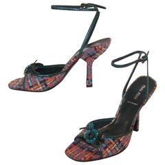 Never Worn Miu Miu Wool Tweed Strappy Sandals With Green Leather Details