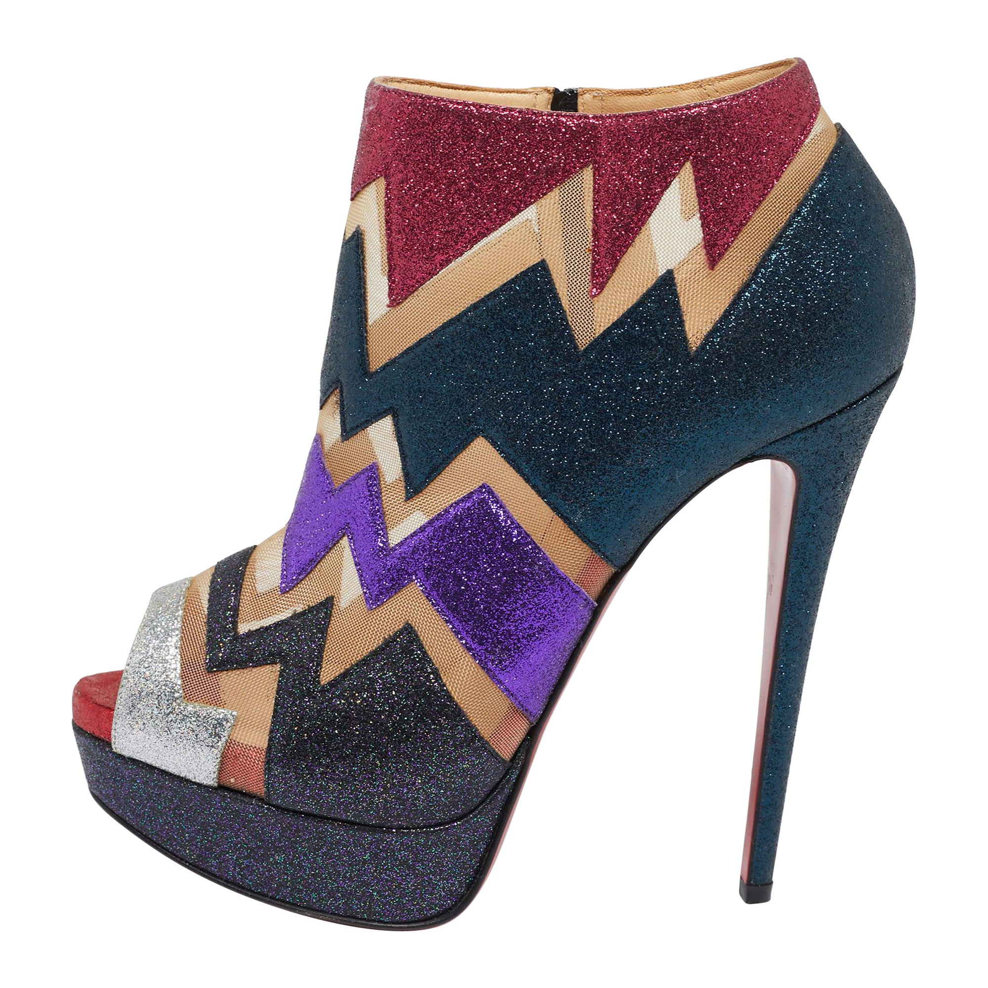 Christian Louboutin Glitter and Mesh Ziggy Peep-Toe Ankle Booties Size 38 For Sale