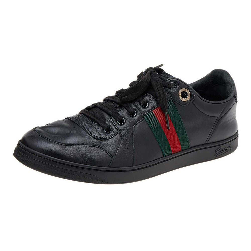 Gucci Black Leather Web Low Top Sneakers Size 42 For Sale