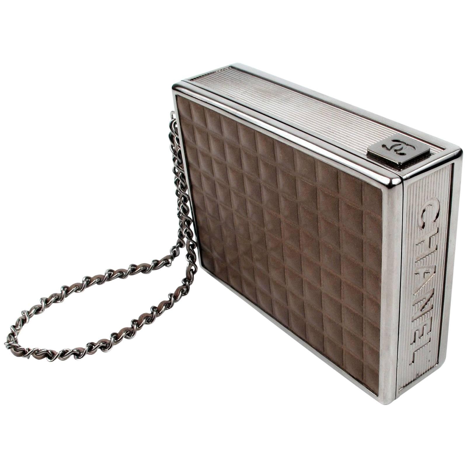 Chanel Cigarette Clutch Minaudie Box Brown Leather Case Silver Chain Wristlet CC For Sale
