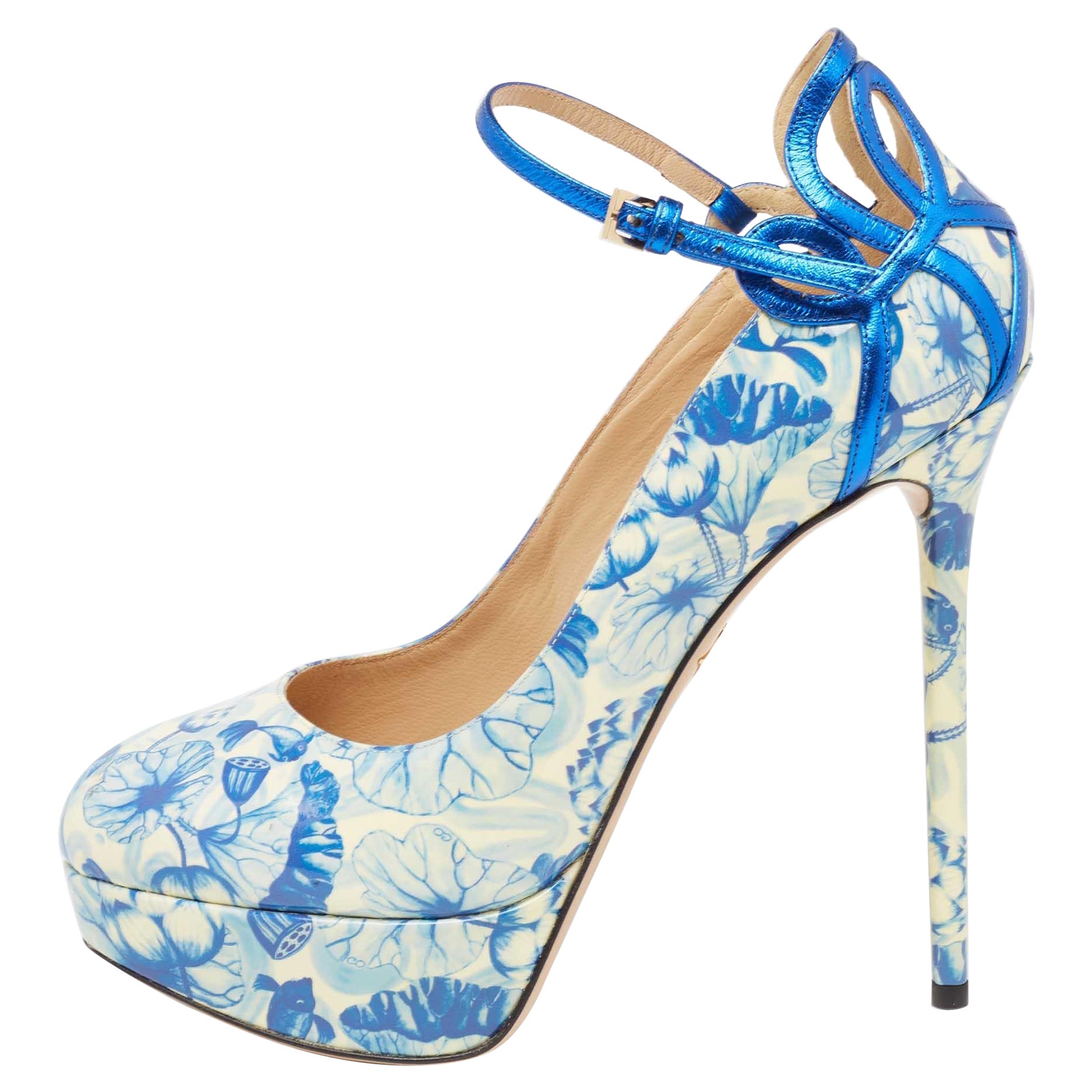 Charlotte Olympia Ming Koi Carp Print Patent Leather Ankle Strap Pump Size 39 For Sale