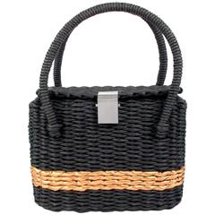 Retro Chanel Straw Bag - Rare Basket Woven Raffia Tote Bag Gray Tan Black Leather CC