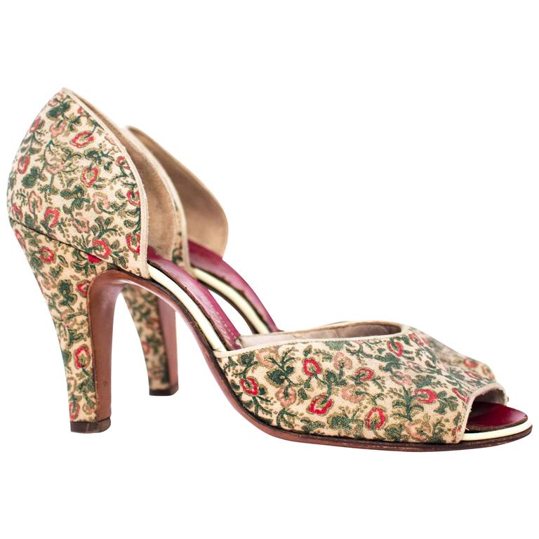 50s Red, Pink and Green Floral Peep-toe 