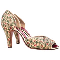 Vintage 50s Red, Pink & Green Floral Peep-toe Heels 