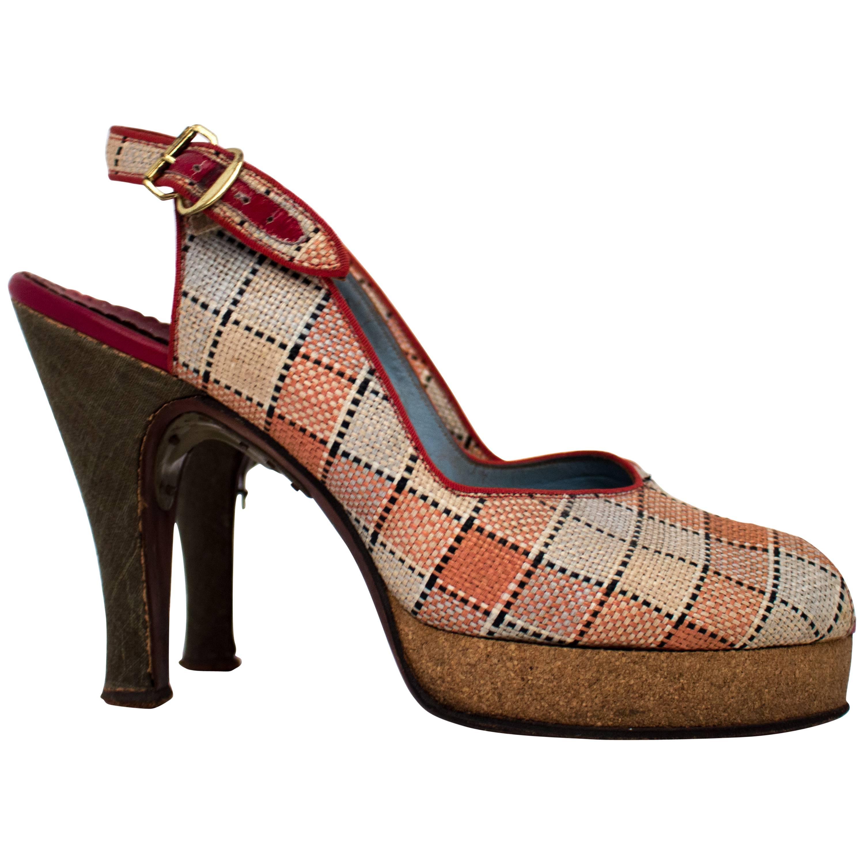 40s Red, Navy & Tan Plaid Platform Peep-toe Cork Heels For Sale