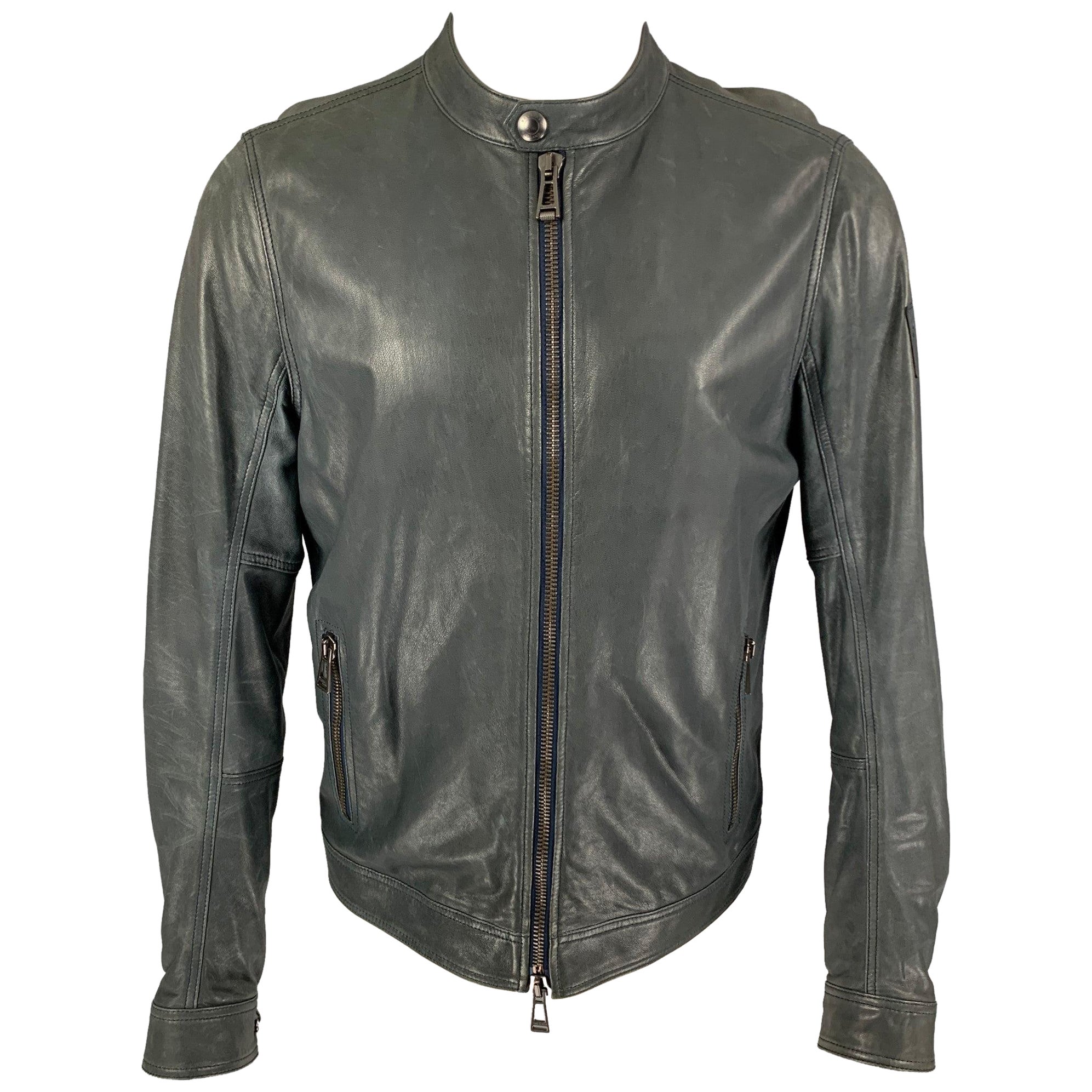 BELSTAFF Size M Gray Leather Zip Up Jacket