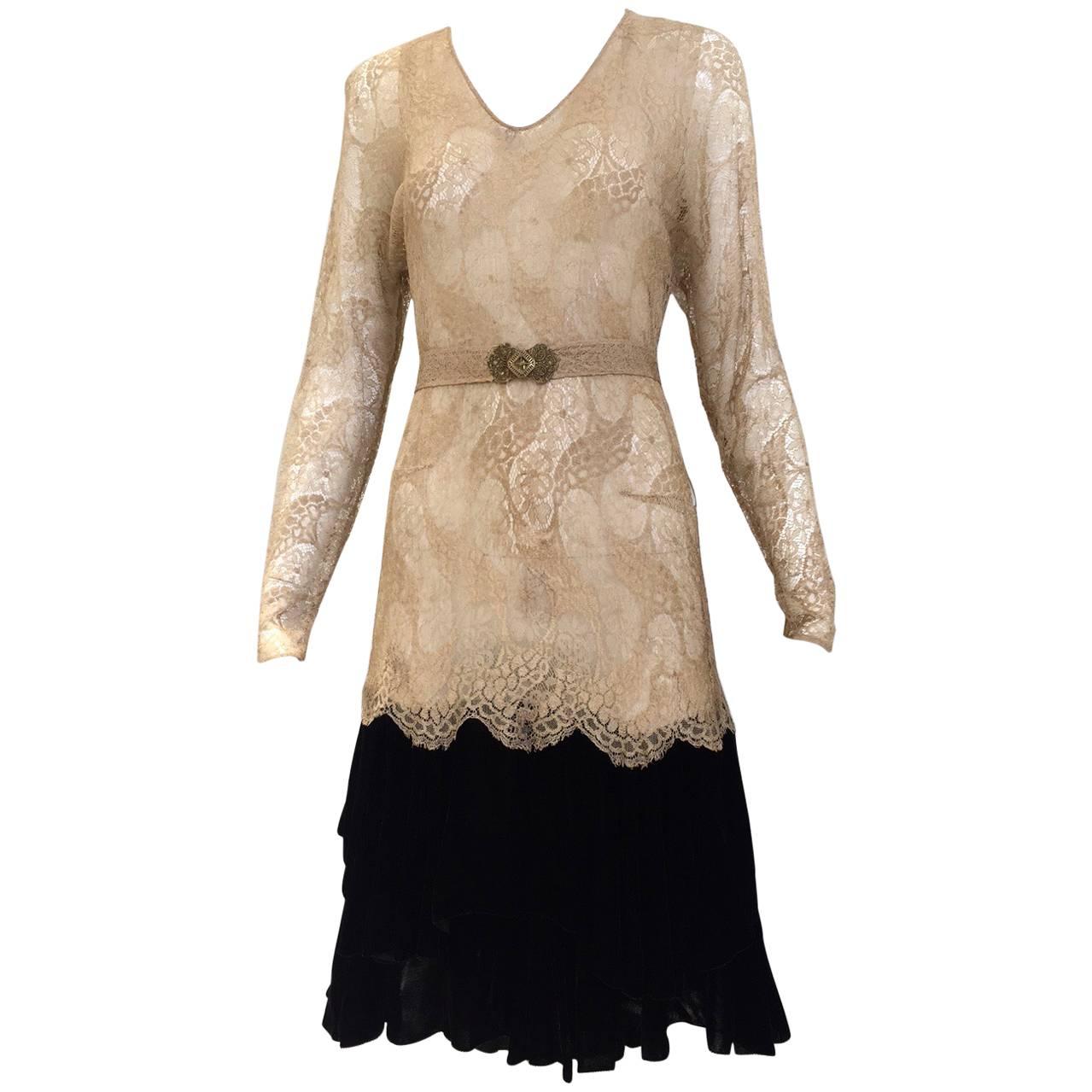 1920s lace dress with velvet trim