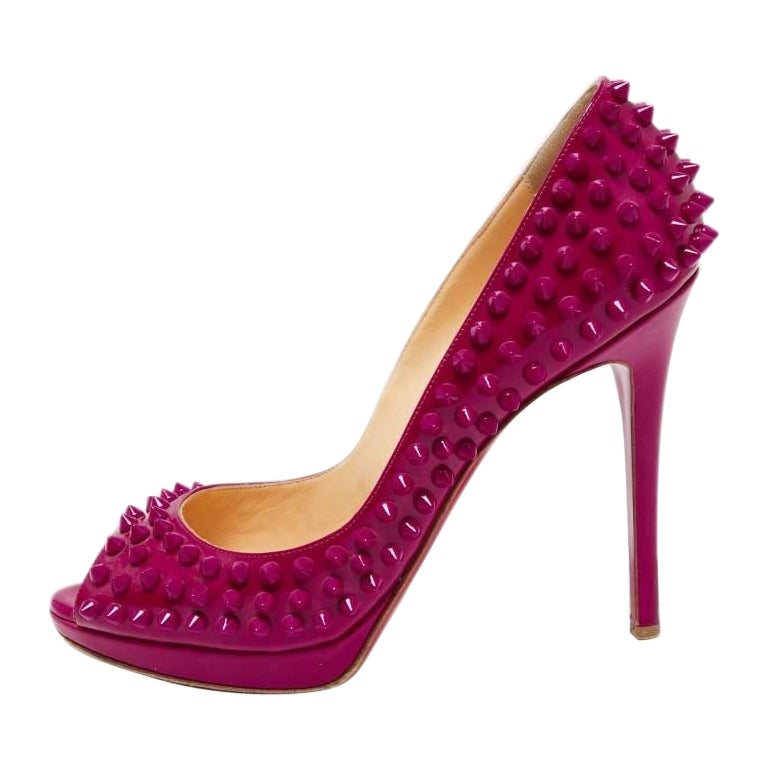 Christian Louboutin Hot Pink Patent Yolanda Spiked Peep-Toe Pumps Size 38.5 For Sale