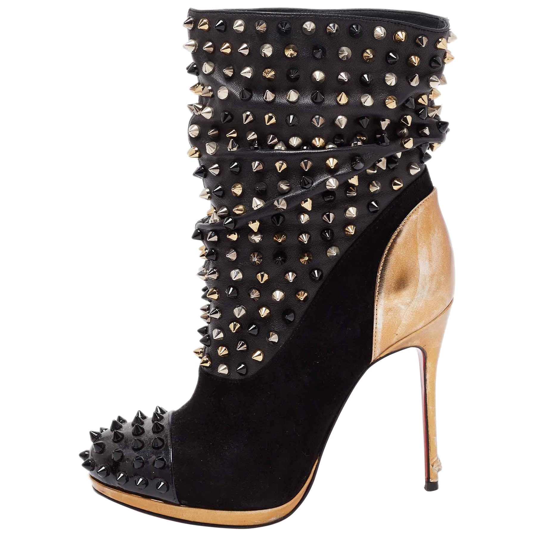 Christian Louboutin Black/Gold Suede, Patent Spike Wars Ankle Booties Size 35.5 For Sale