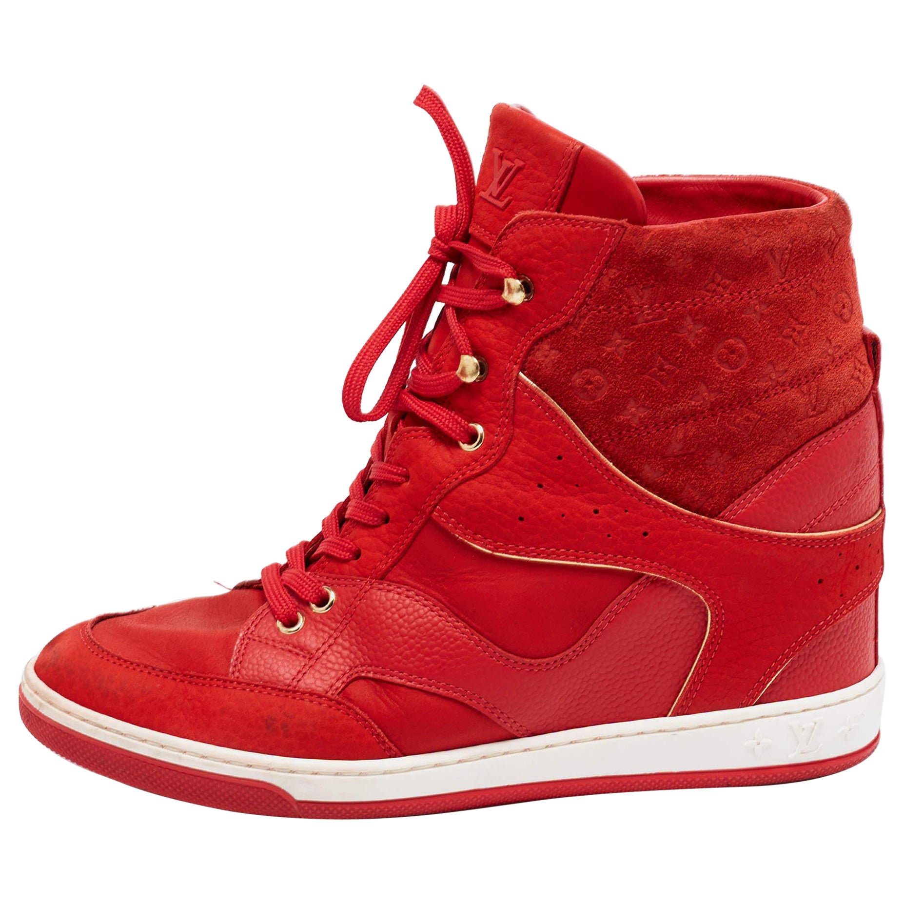Louis Vuitton Red Leather And Embossed Monogram Suede Millenium Wedge Sneakers S For Sale