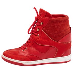 Louis Vuitton Red Leather And Embossed Monogram Suede Millenium Wedge Sneakers S