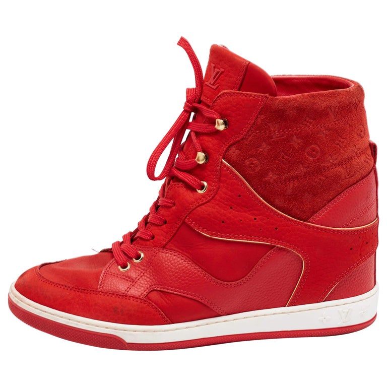 Louis Vuitton Red Leather And Embossed Monogram Suede Millenium Wedge  Sneakers S