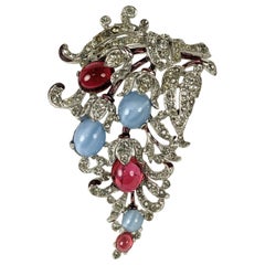Alfred Philippe for Trifari Moonstone and Ruby Cabochon Clip Brooch