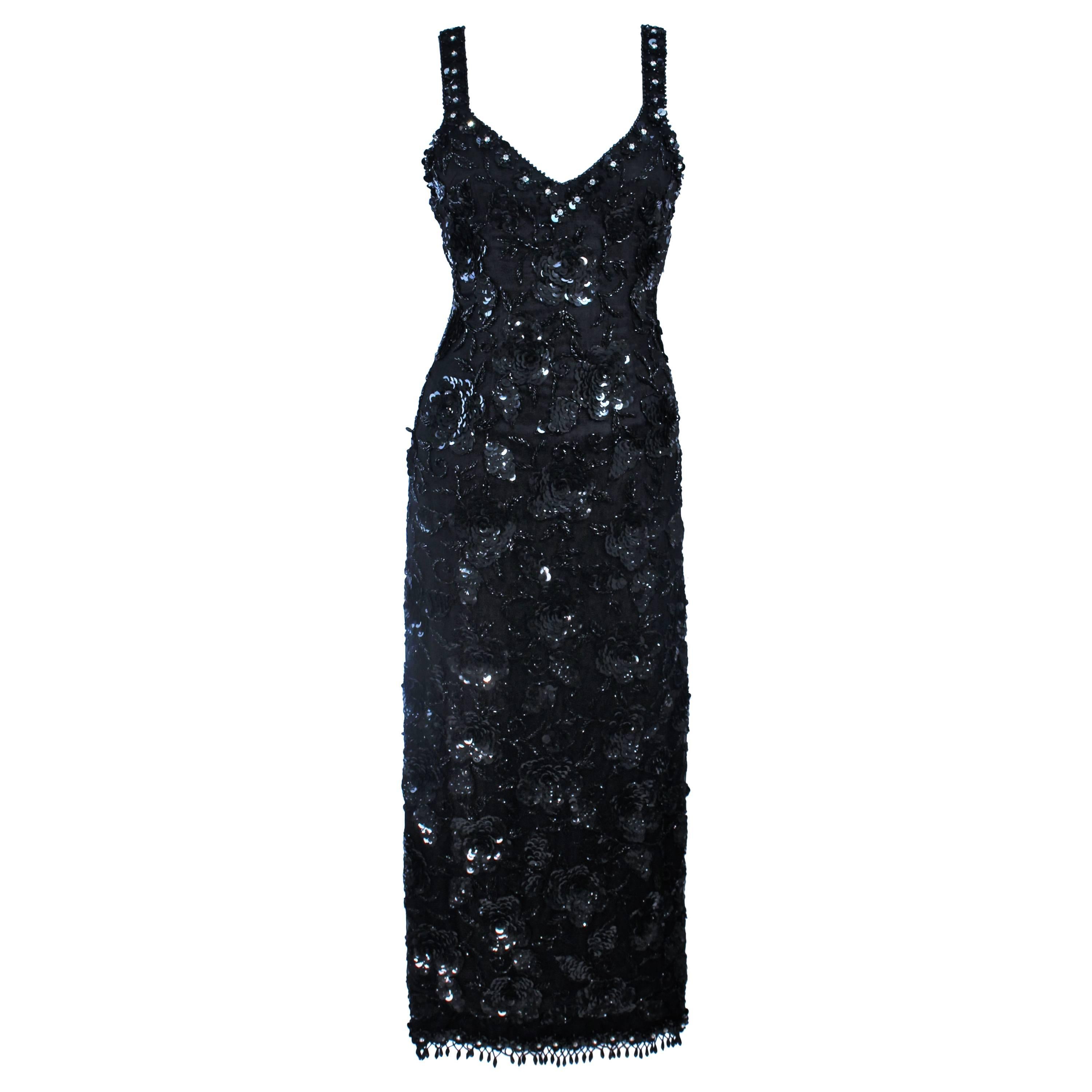 Vintage 1950's Black Floral Beaded Gown Size 8 For Sale