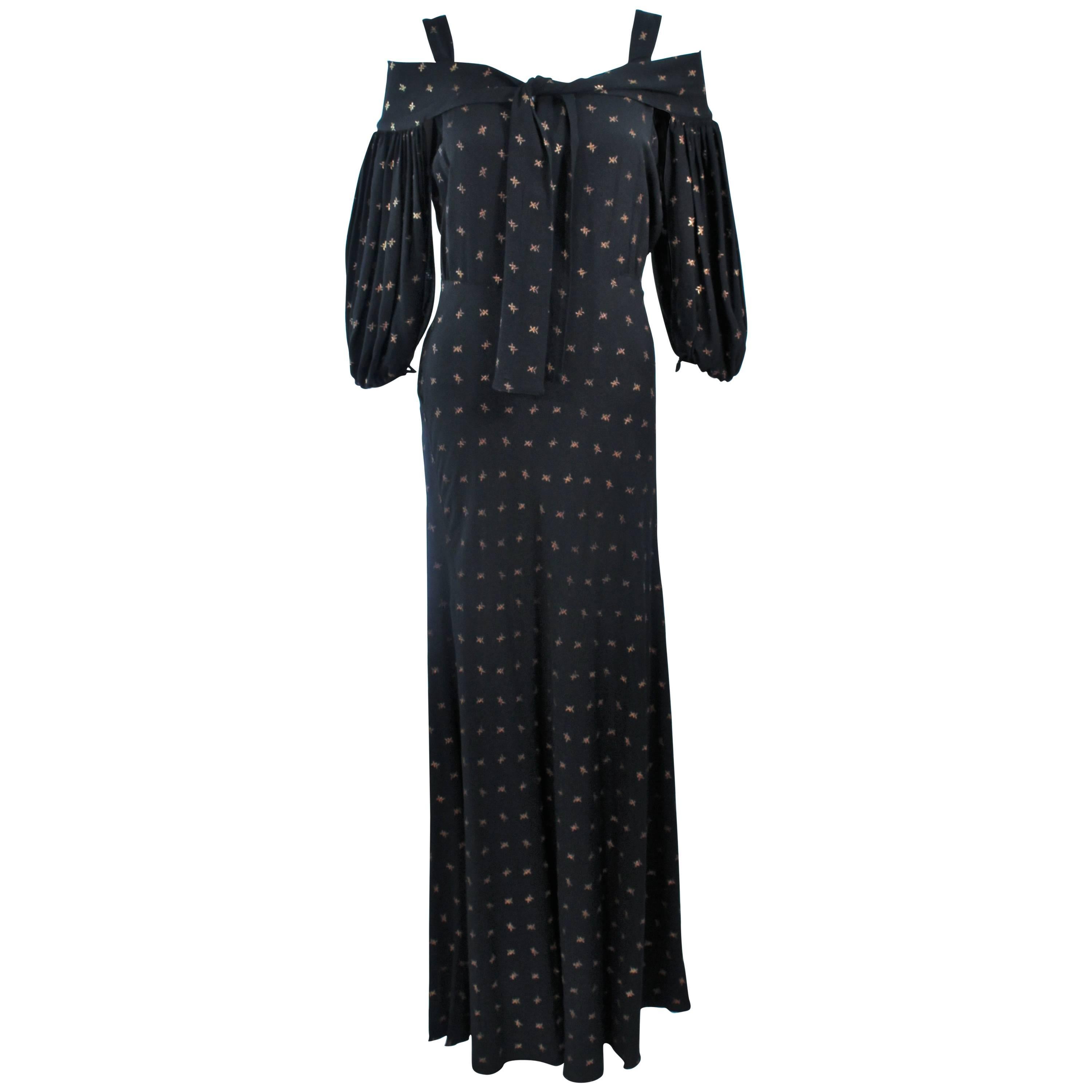Vintage 1930's Black and Gold Rayon Gown with Tie Front Size 6 For Sale