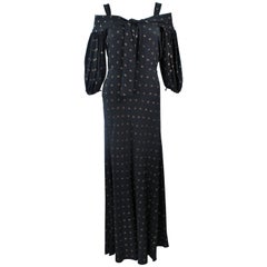 Vintage 1930's Black and Gold Rayon Gown with Tie Front Size 6
