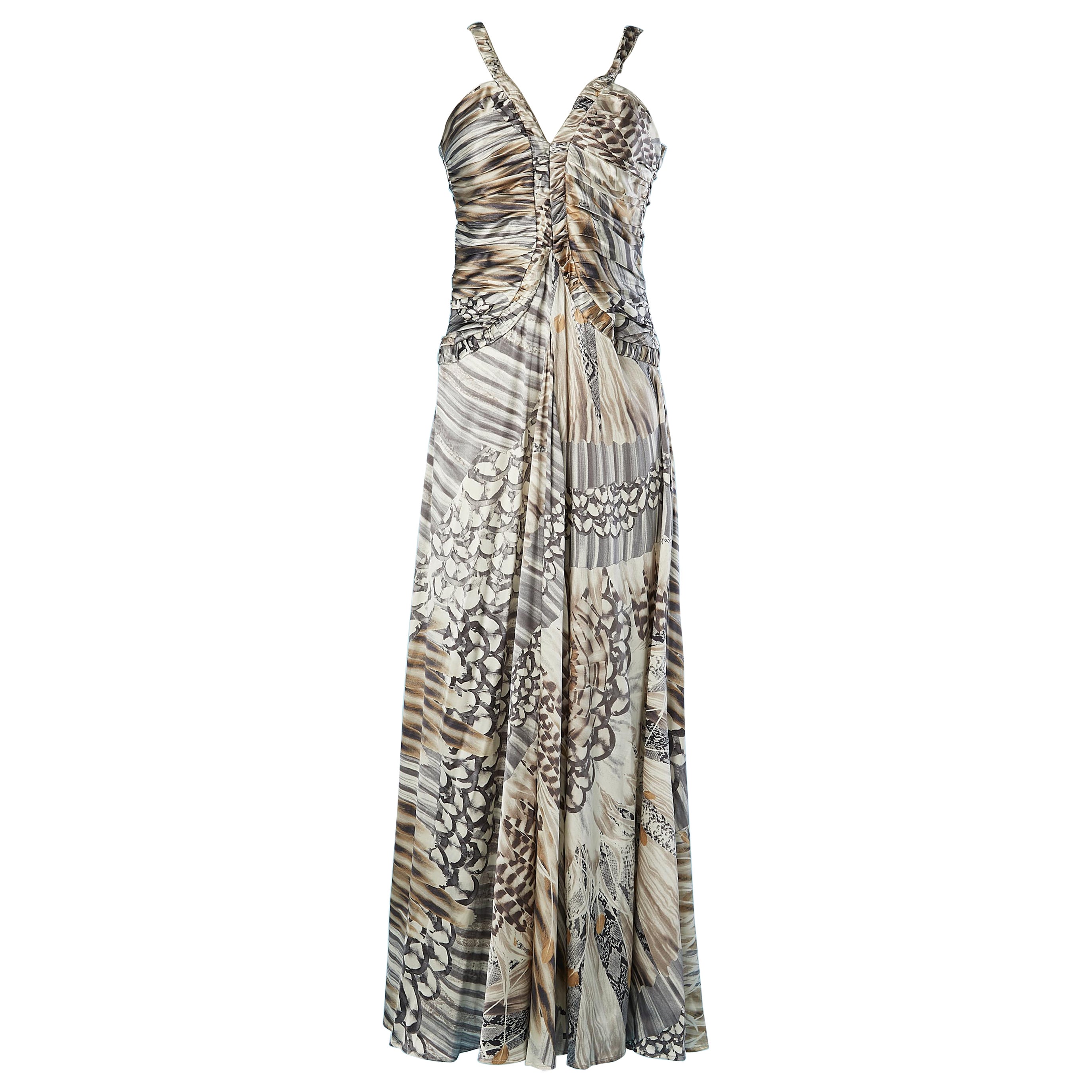 Draped silk cocktail dress with snake and feathers print CLASS Roberto Cavalli  For Sale