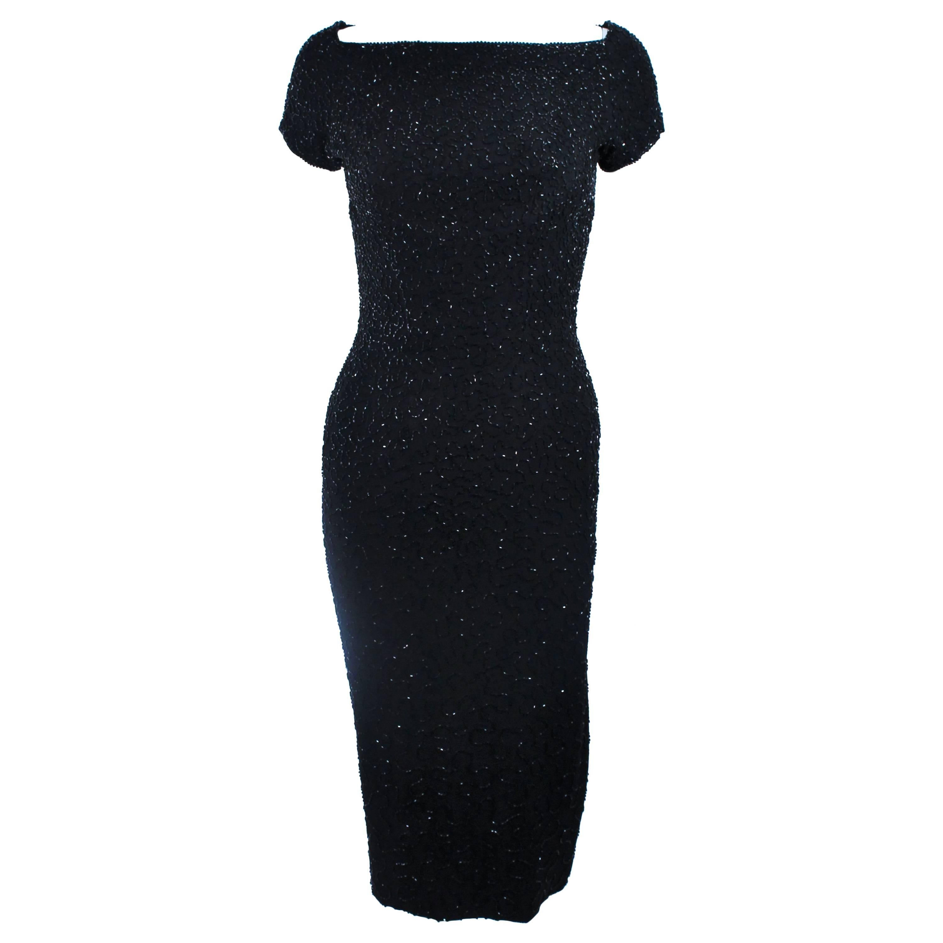 CEIL CHAPMAN Black Beaded Cocktail Dress with Square Neckline Size 2 For Sale