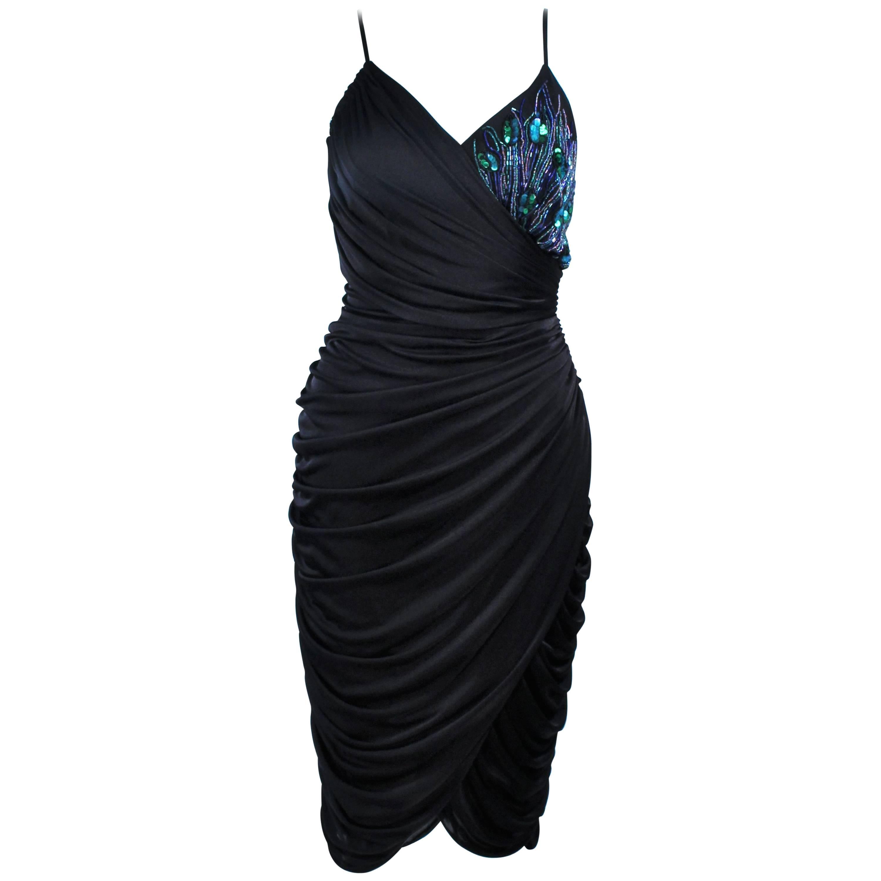 ABBEY KENT Black Draped Jersey Cocktail Dress with Iridescent Sequin Applique 10 For Sale