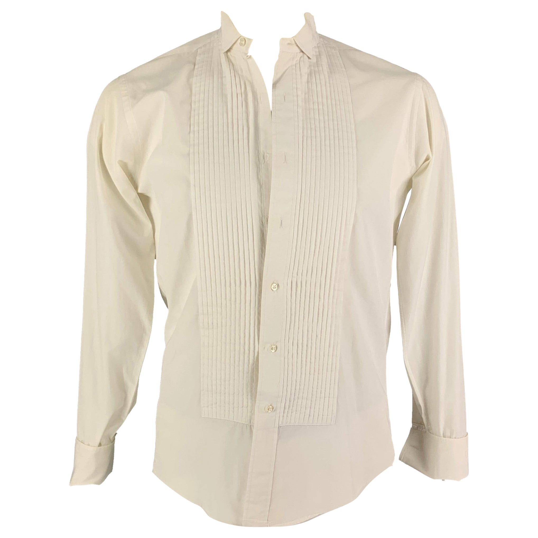 CHRISTIAN DIOR Size L Off White Pleated Cotton Tuxedo Long Sleeve Shirt