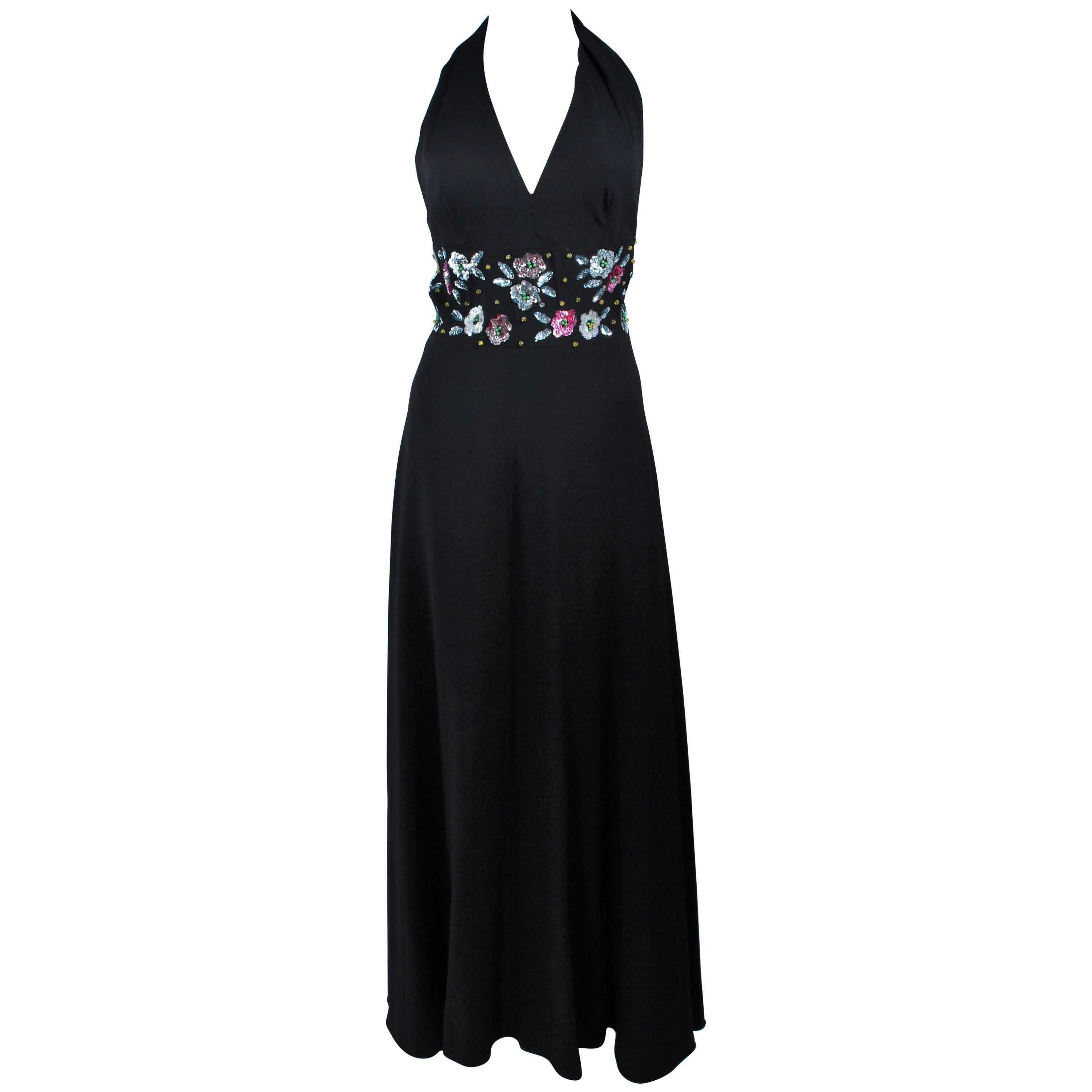 Black 1970's Halter Maxi with Floral Sequin Embellishment Size 6 8 For Sale