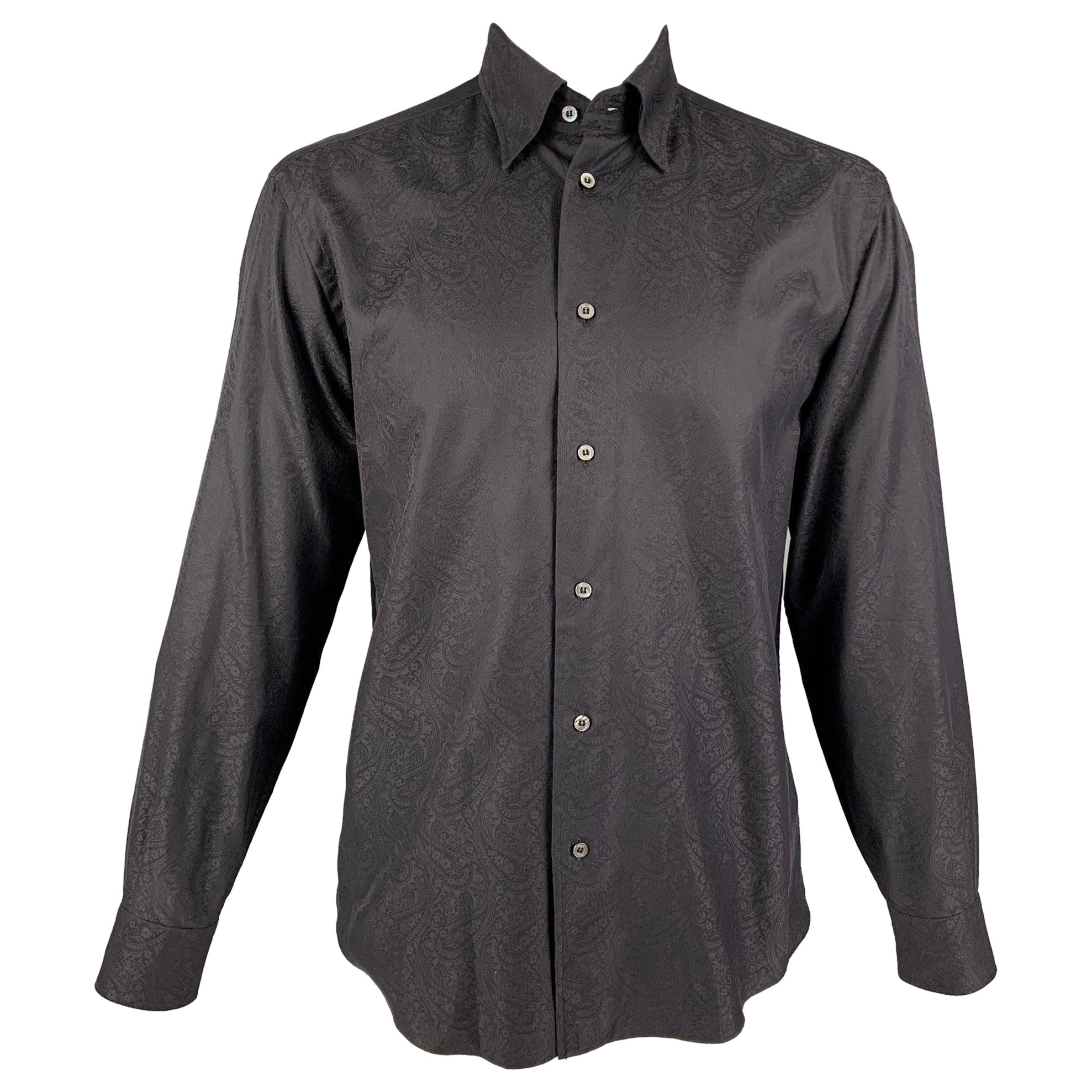 BRIONI Size L Black Paisley Cotton Button Down Long Sleeve Shirt
