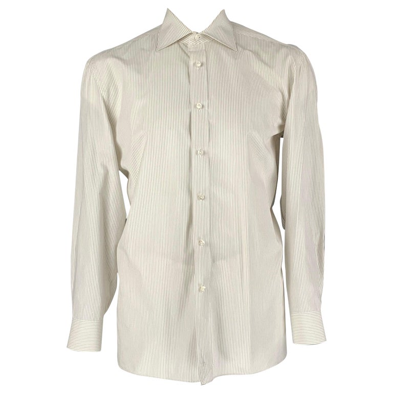 BORRELLI - Chemise à manches longues boutonnée en coton à rayures blanches,  taille L En vente sur 1stDibs