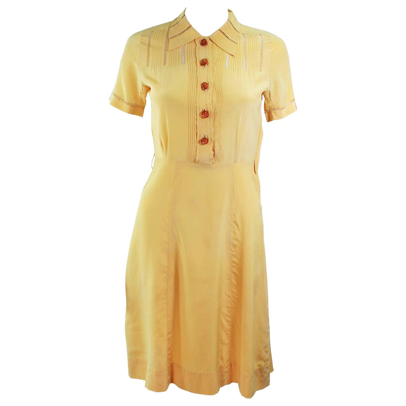 Vintage 1940's Yellow Silk Dress with Lace Inserts Size 2 For Sale at ...