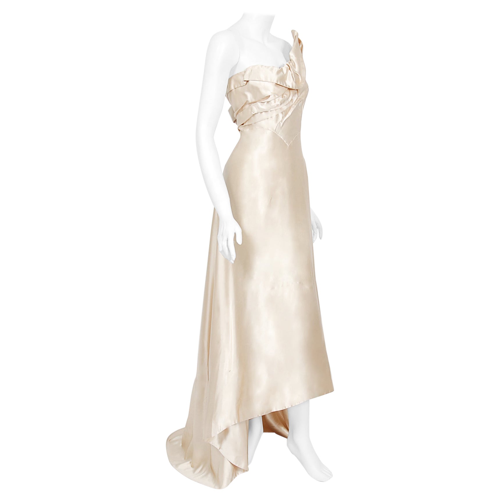 Vintage 1940er Irene Lentz Couture Cremefarbenes asymmetrisches Bustier-Kleid aus Seide