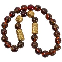 Fabulous Antique Tibetan Natural Amber Turquoise and Gold Bead Necklace 2