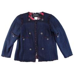 Chanel Spring Jacket - 14/16/48 - Blue & Pink Trim Camellia Print CC Coat Blazer