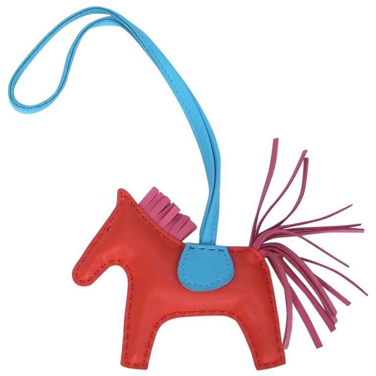 Hermes Grigri Rodeo Horse Kelly Birkin Bag Charm Orange Rose Bleu PM at