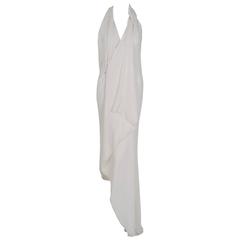 Retro 1970's Halston Ivory-White Silk Chiffon Halter Backless Asymmetric Gown Dress