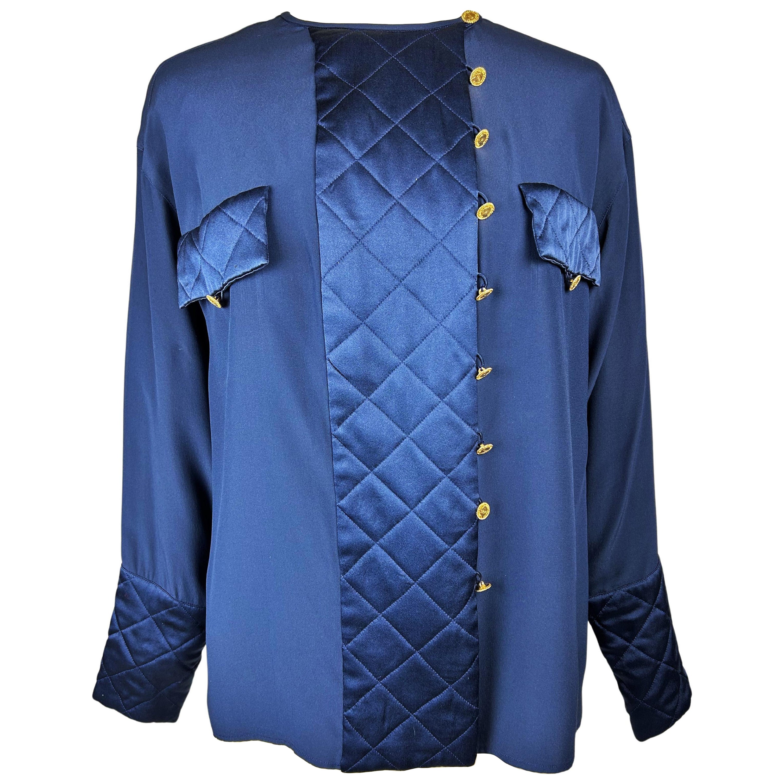 Navy crepe and satin blouse by Chanel Circa 1995 For Sale