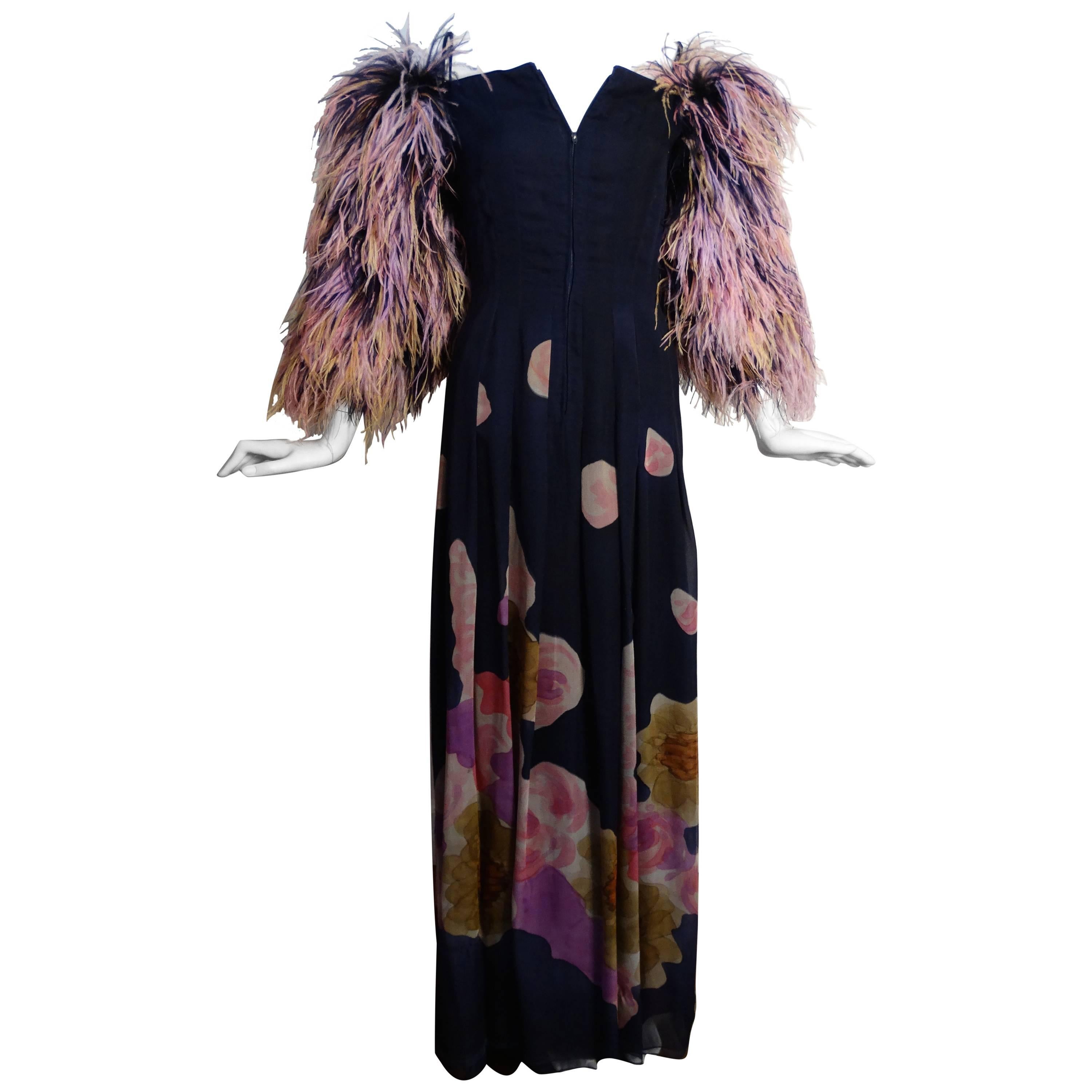 1980s Hanae Mori Hand Painted Maxi Dress with Dramatic Feathered Sleeves